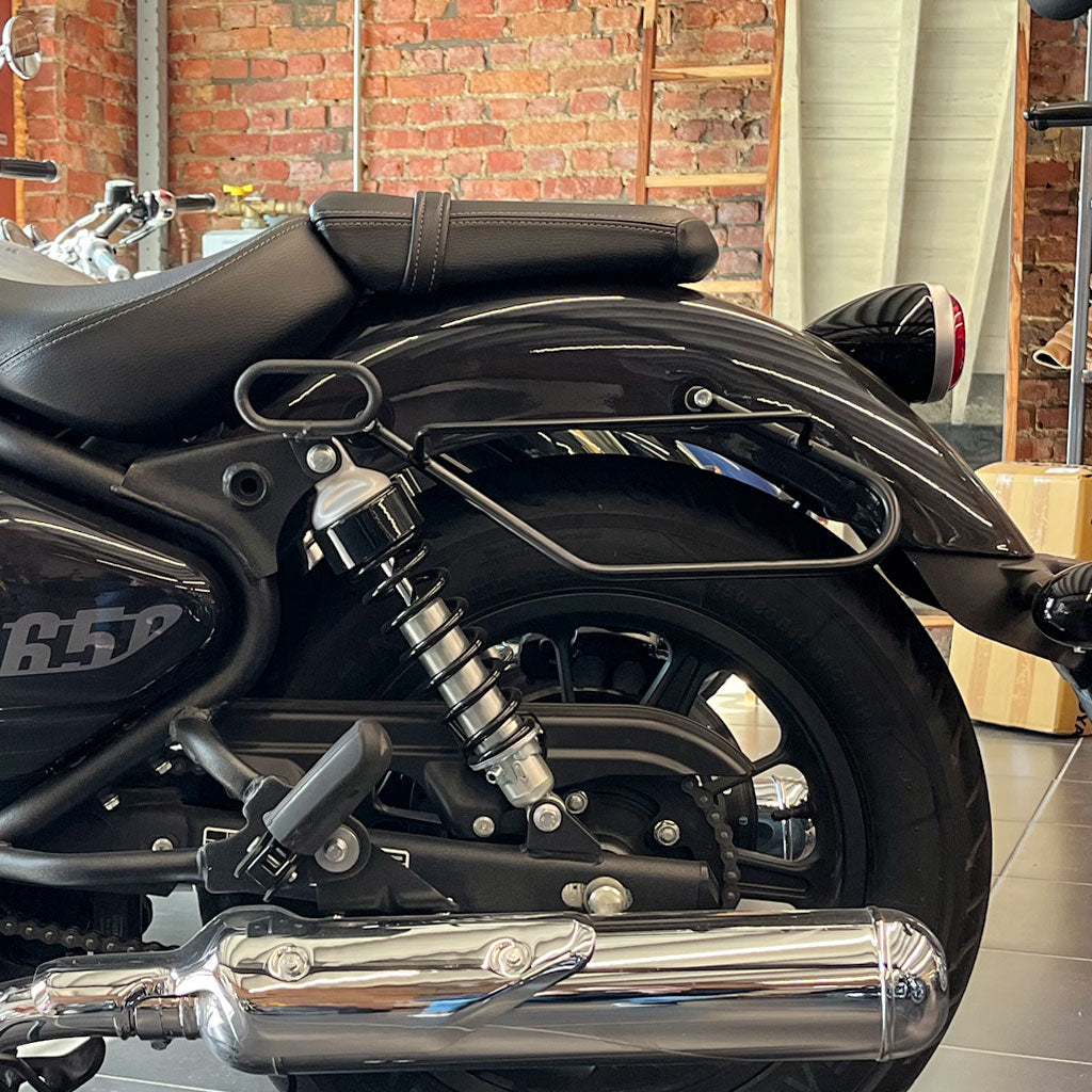 Saddlebag mount on Super Meteor Royal Enfield.