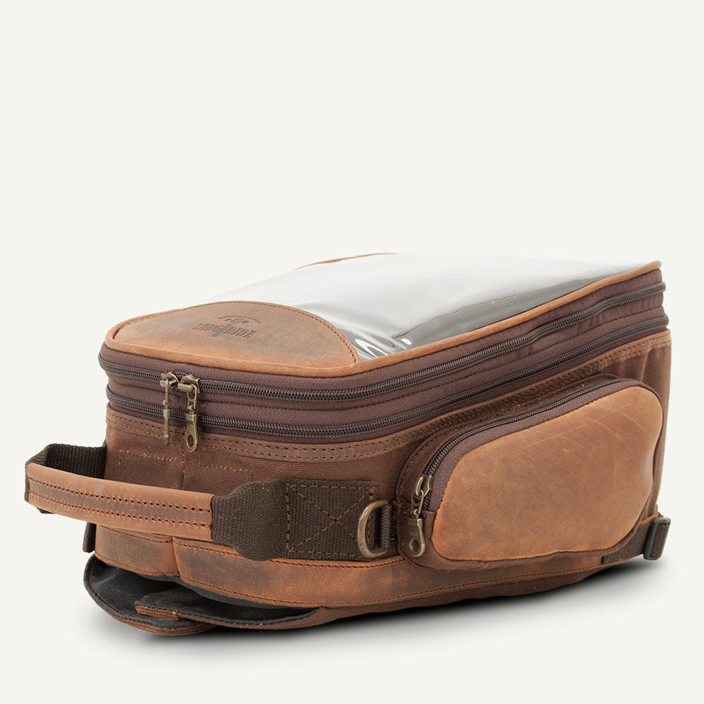 Brown magnetic moto tank bag.