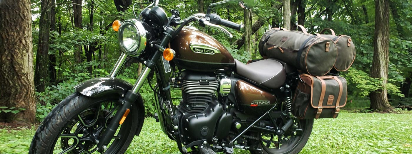 Royal Enfield Meteor 350 with saddlebags and tail bags.