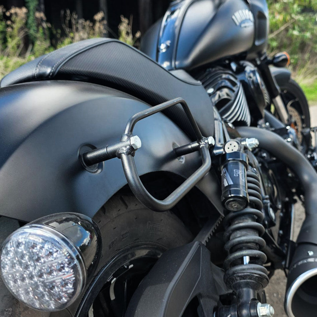 Saddlebag holder for Indian Chief motorcycle.