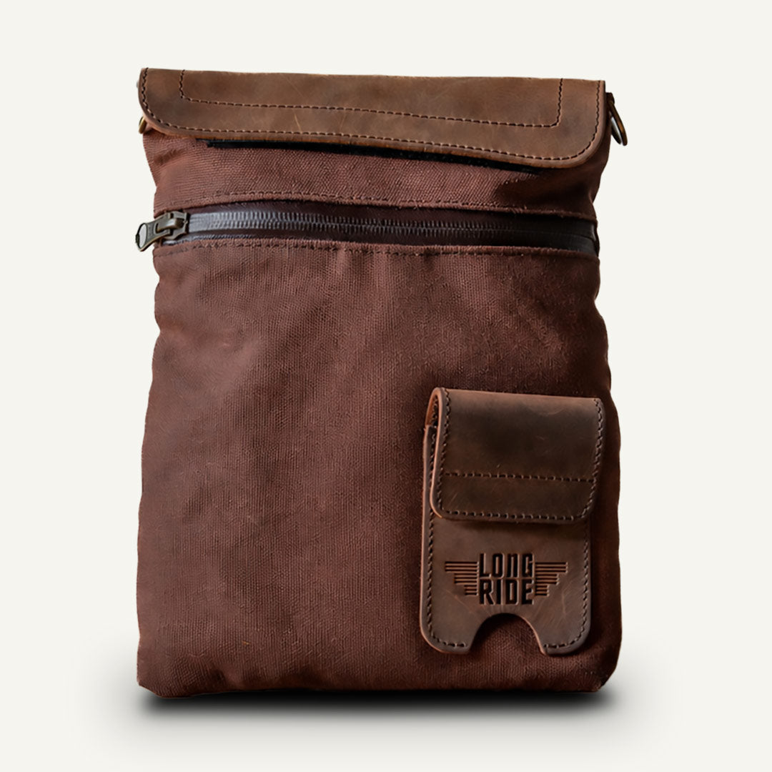 Magnetic moto tank bag in brown.