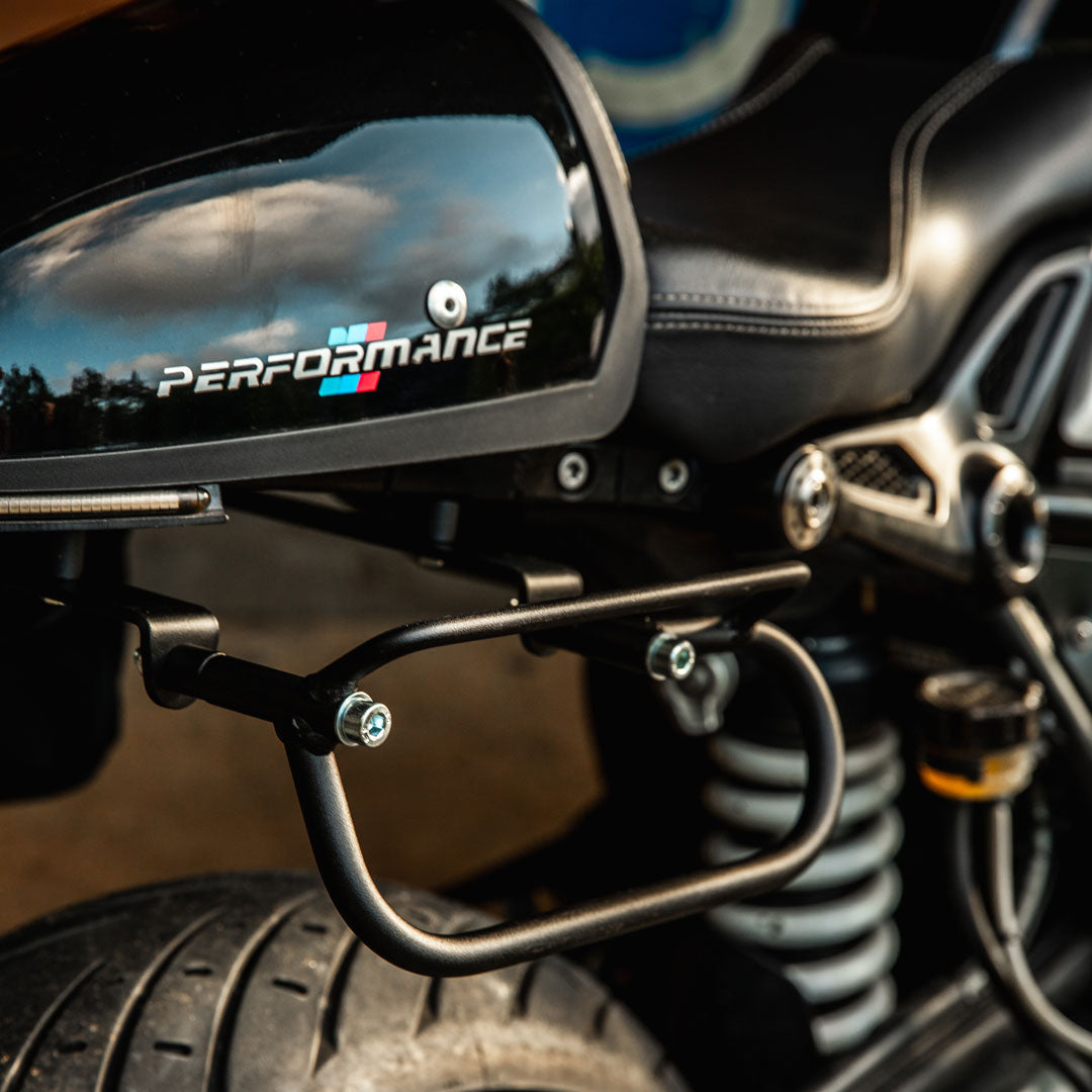 Pannier holder on BMW R Nine T moto.