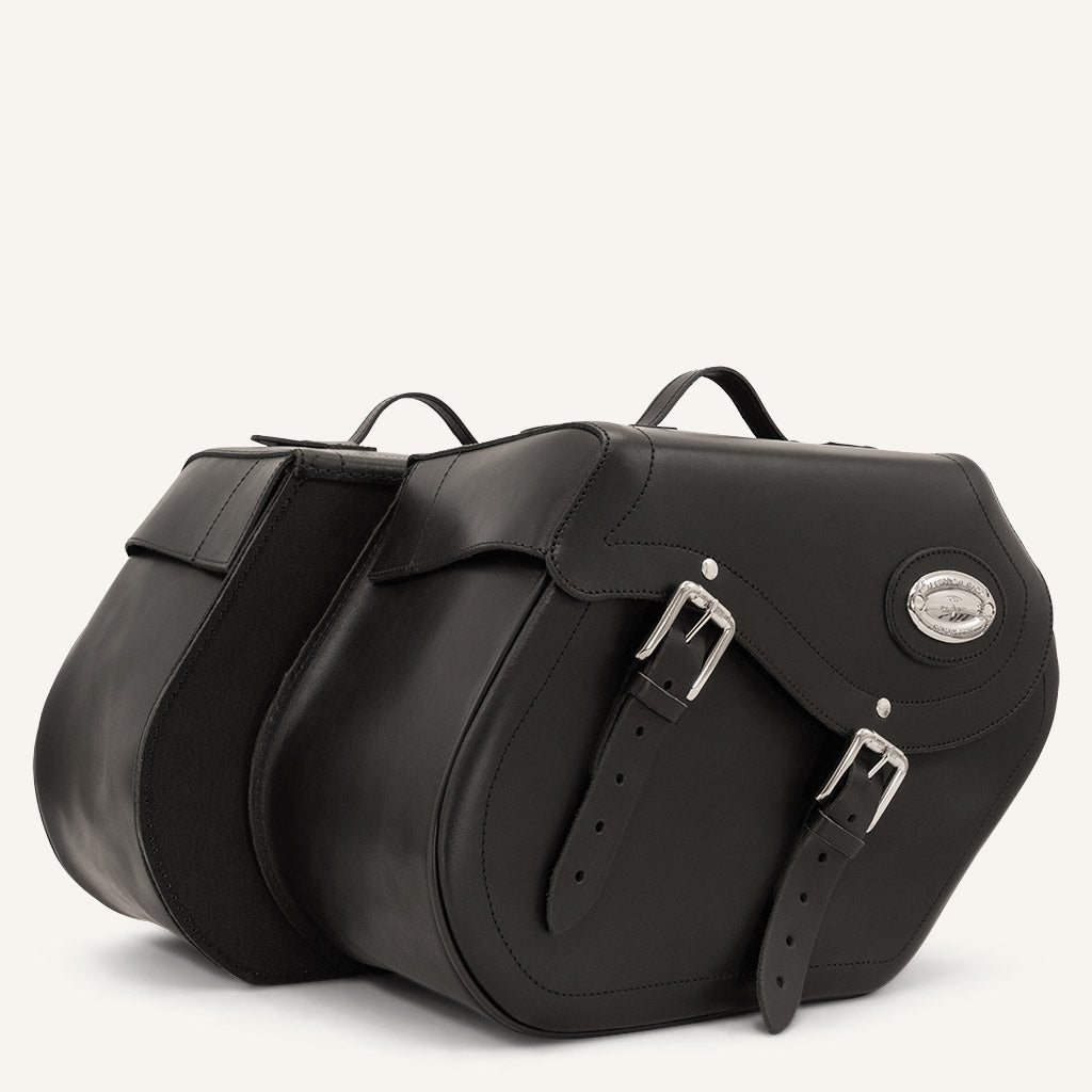 Black Leather Motorcycle Panniers / Quick-Release system. - LONGRIDE