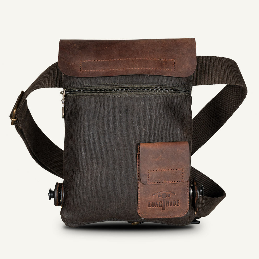Leg bag in brown leather and kaki waxed cotton.