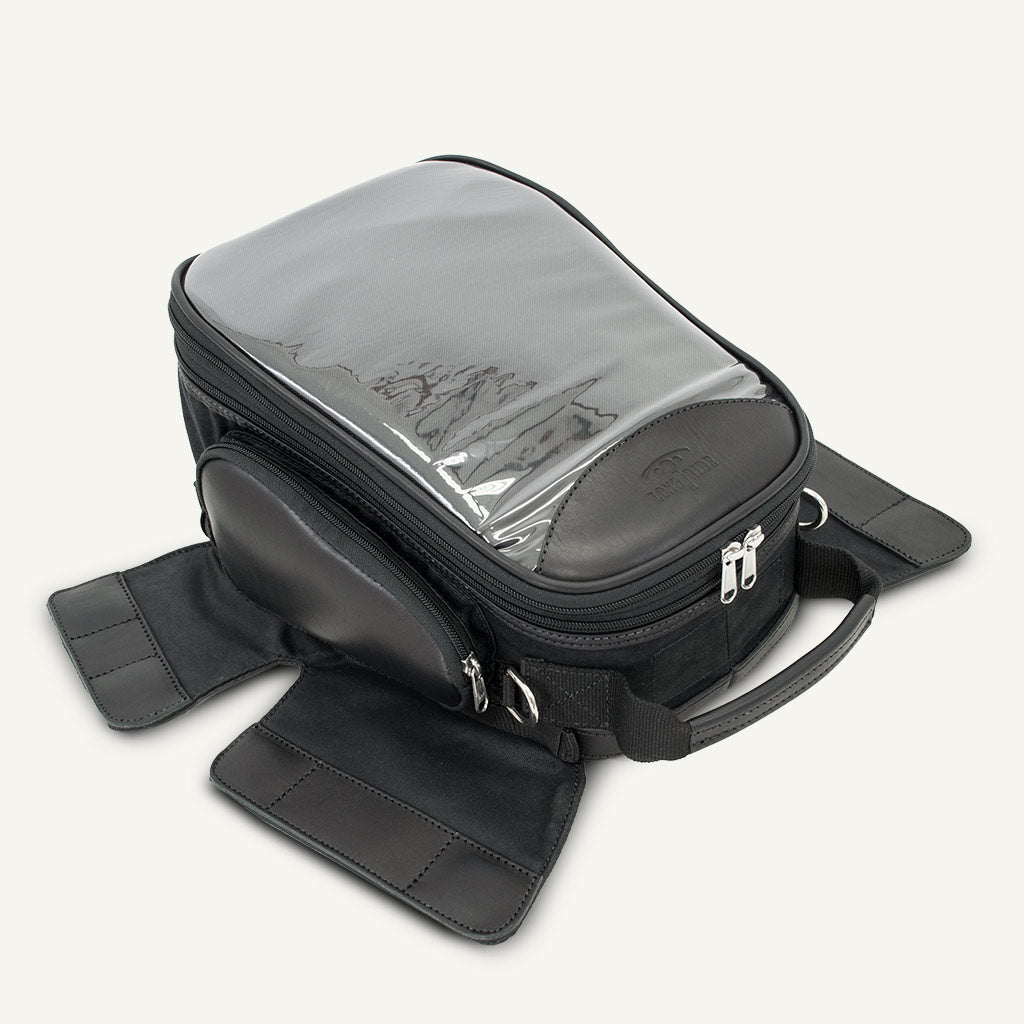 Universal magnetic moto tank bag in black.