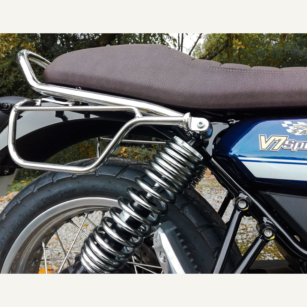 Chrome saddlebag mount for guzzi V7 special.
