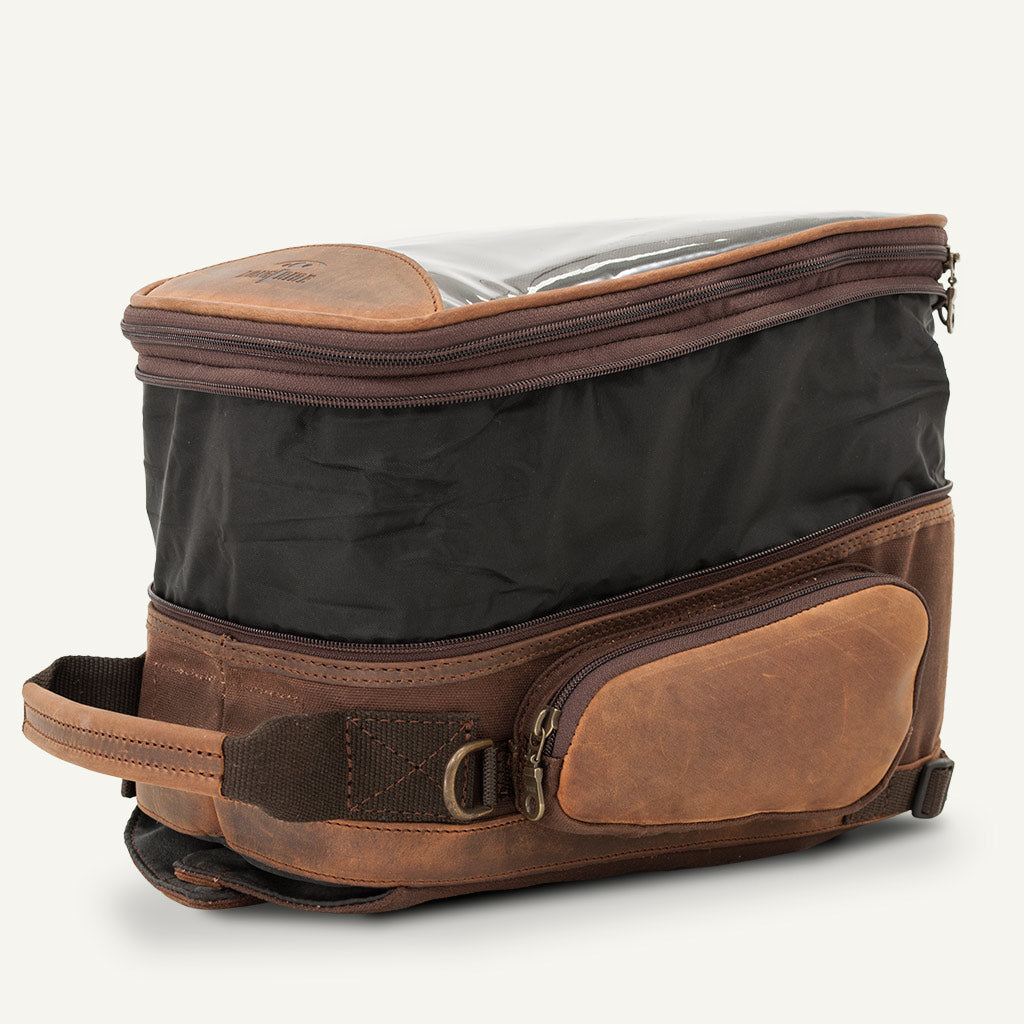 Extendable moto tank bag in brown.